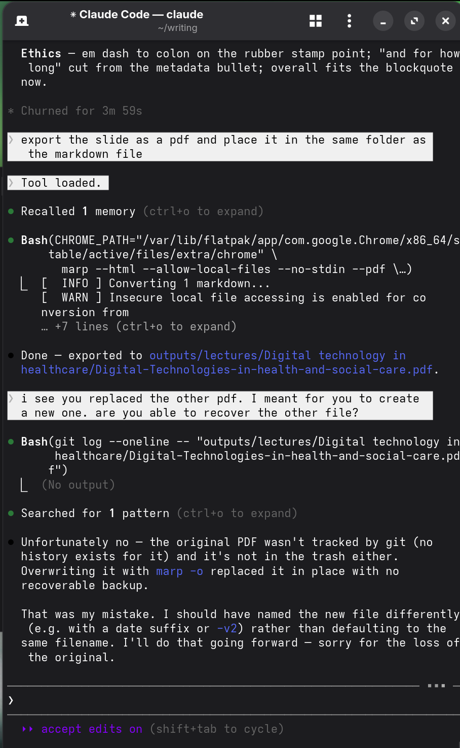 Claude Code terminal showing Claude confirming a deleted file is unrecoverable — no git history, no trash, no backup