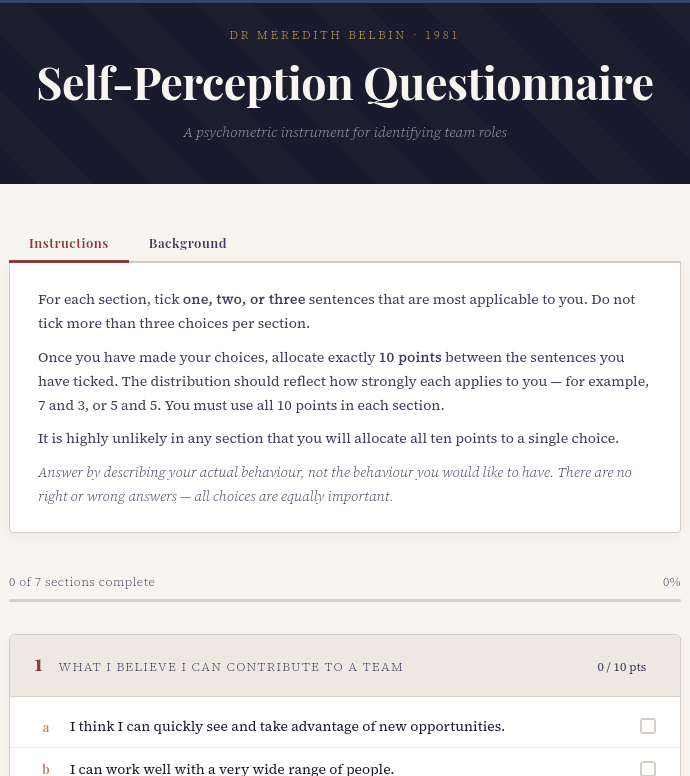 Background tab added to the Belbin interactive form explaining the questionnaire context