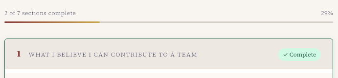 Progress indicator and section completion markers in the AI-generated Belbin form