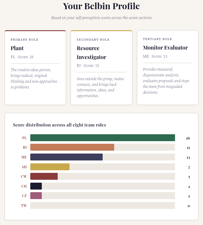 Completed Belbin questionnaire results page showing team role scores