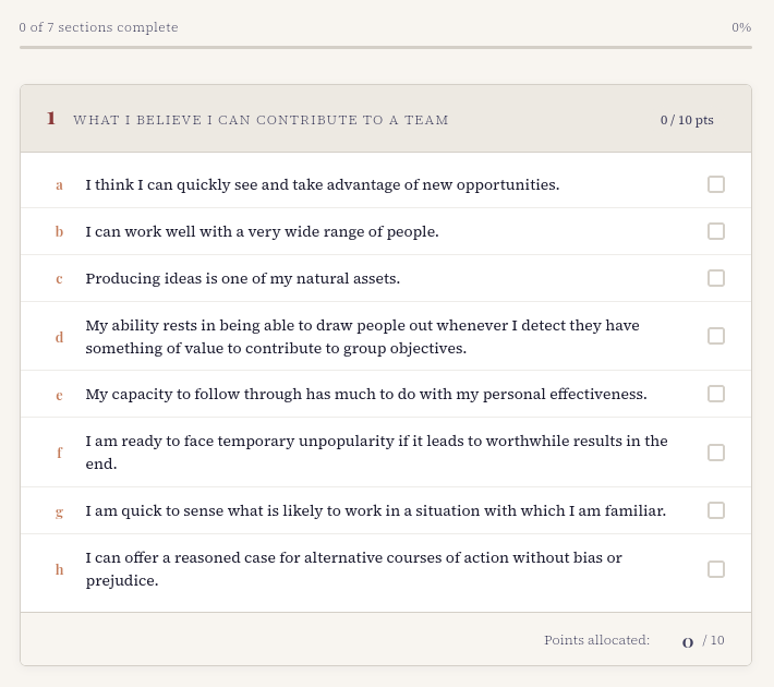 Interactive Belbin questionnaire web app generated by Claude from a Word document