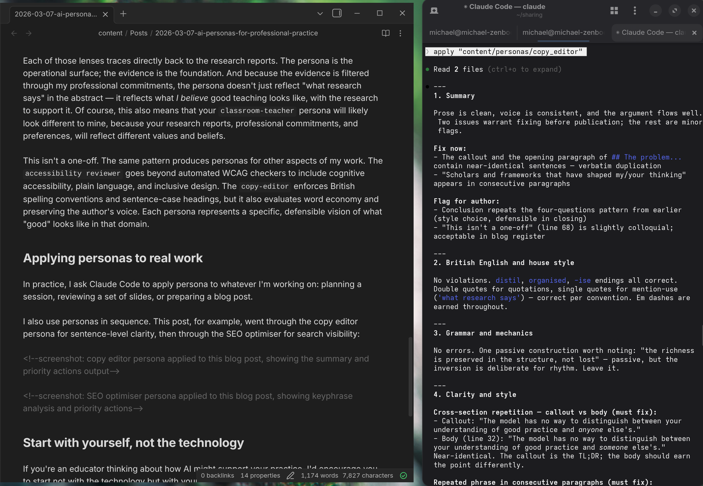 Copy editor persona applied to this blog post, showing the summary and priority actions output