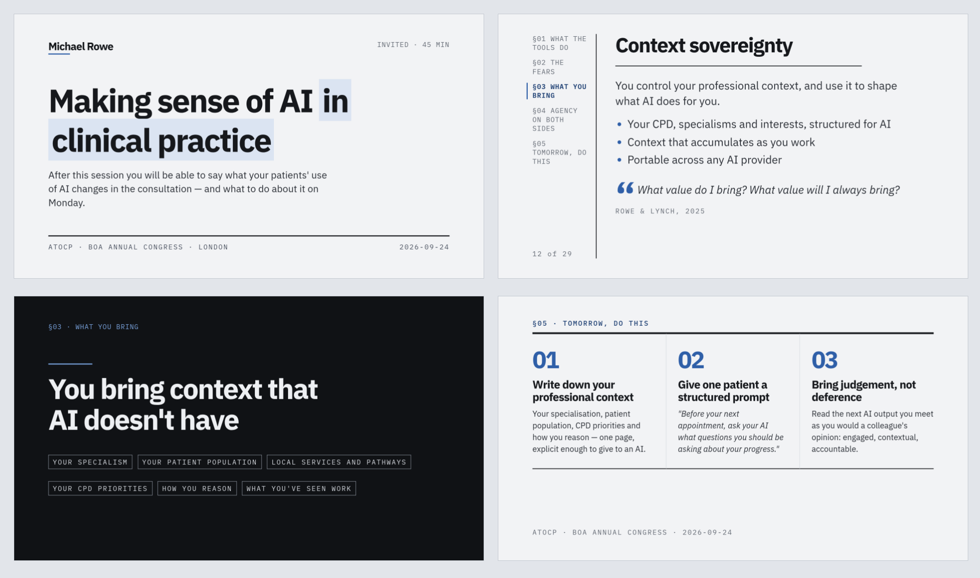 Four slides from the ATOCP deck: the title slide with a tinted phrase, a content slide with the section rail on the left, a dark section slide with example chips, and a three-column tomorrow, do this slide