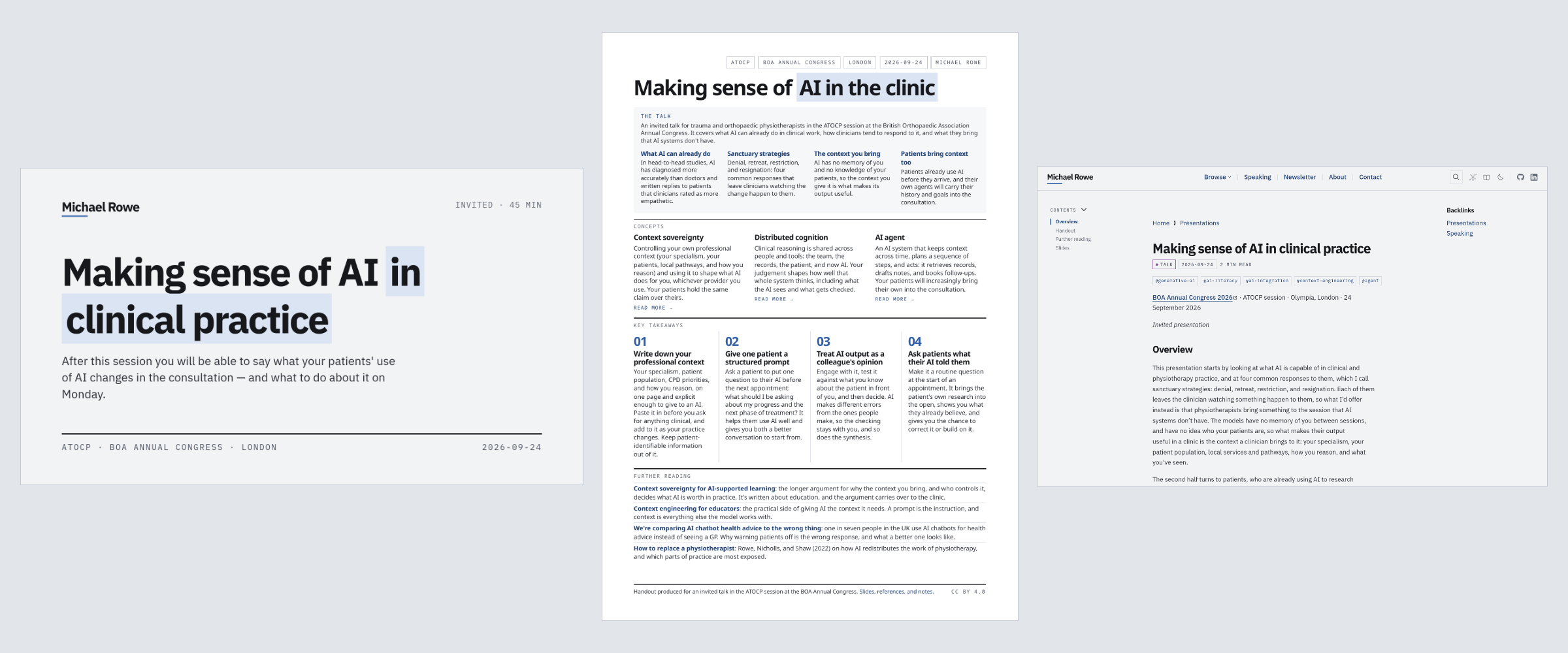 Three formats for one talk from my personal design system: the title slide of the ATOCP deck, its A4 handout, and its presentation page on this site, all in the same grey background, blue accent, and Plex type