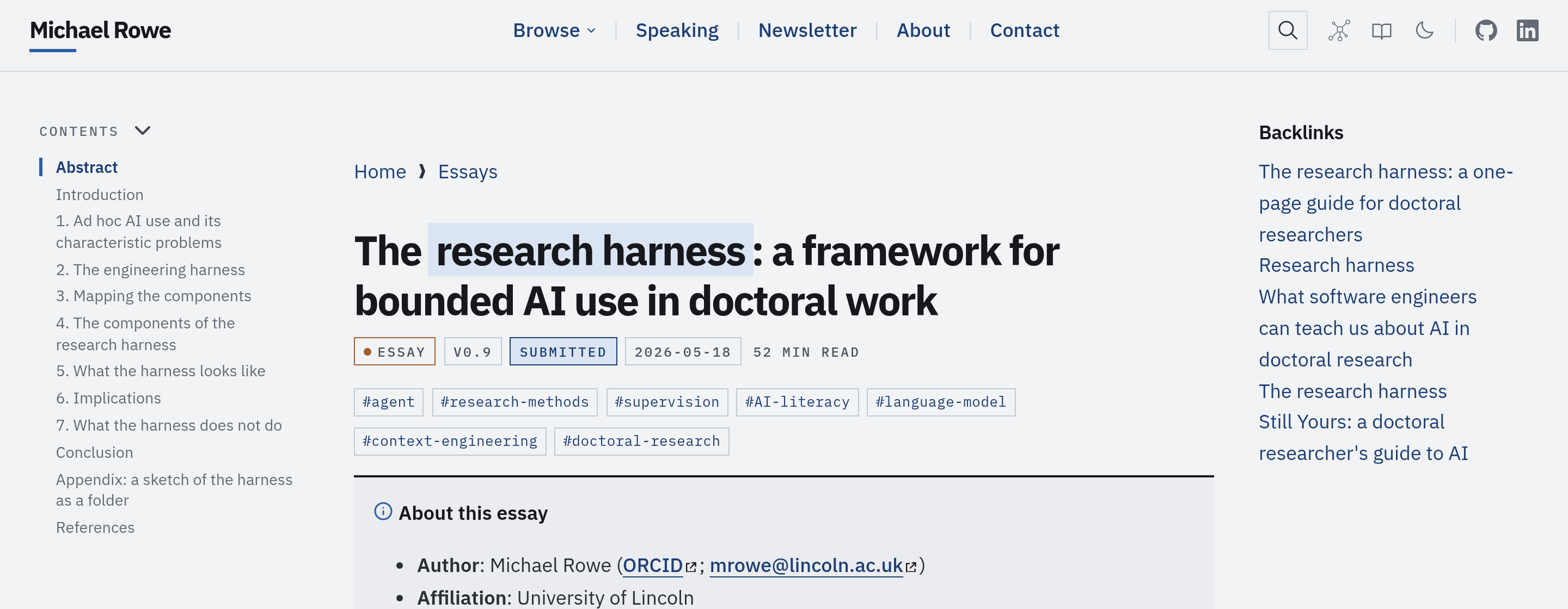 The top of an essay page on this site: the wordmark in the top bar, a contents rail on the left, the title with a tinted key phrase, and a row of mono chips reading essay, v0.9, submitted, and the date