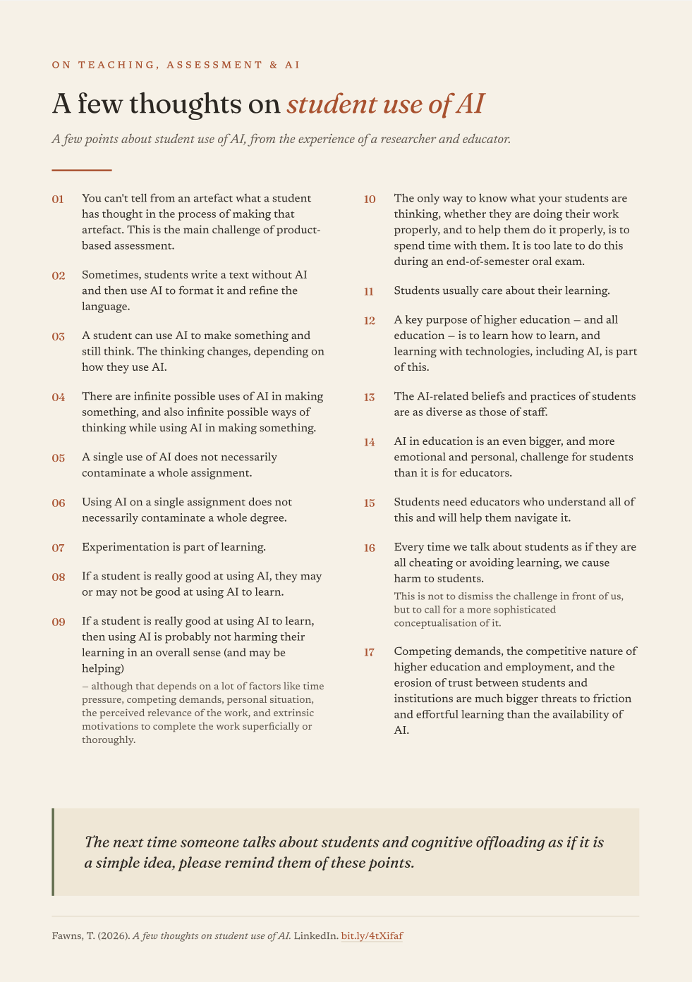 Tim Fawns' 17 points on student use of AI — a one-page reference card covering assessment, learning, trust, and the limits of product-based judgement