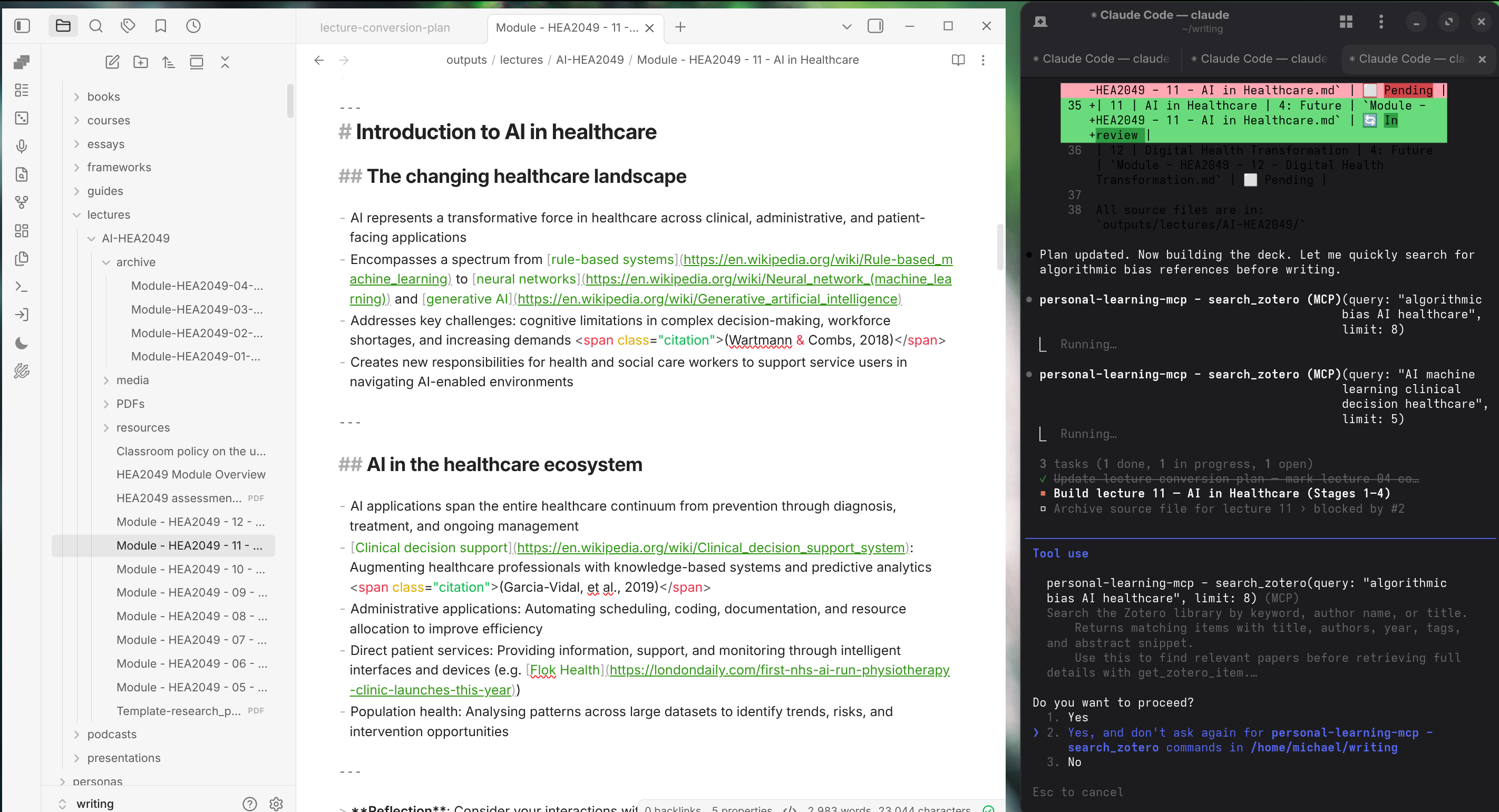 Claude Code agent preparing lecture slides, with Zotero searches running mid-task