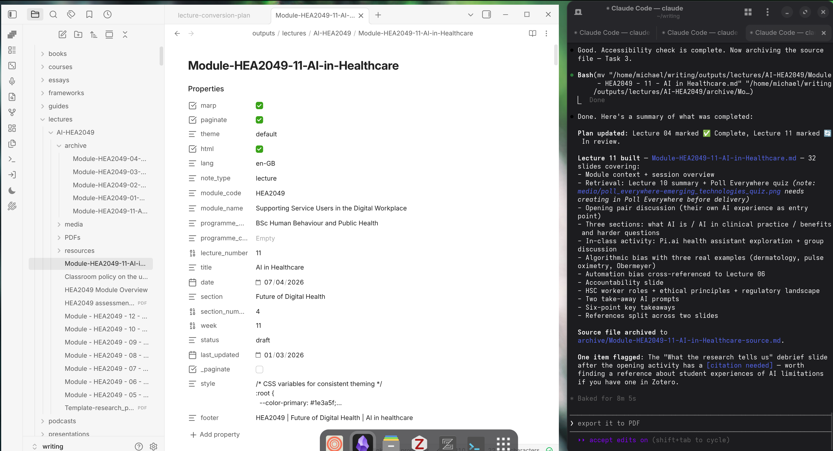 The agent's completion summary, showing what was built and one item flagged for review