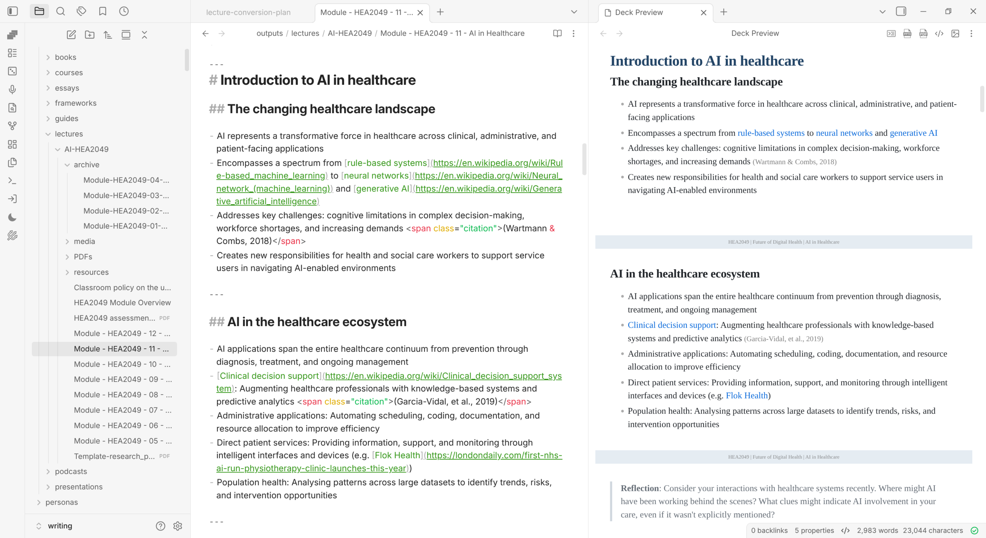 The markdown source of a lecture slide deck, showing embedded links and citation markup