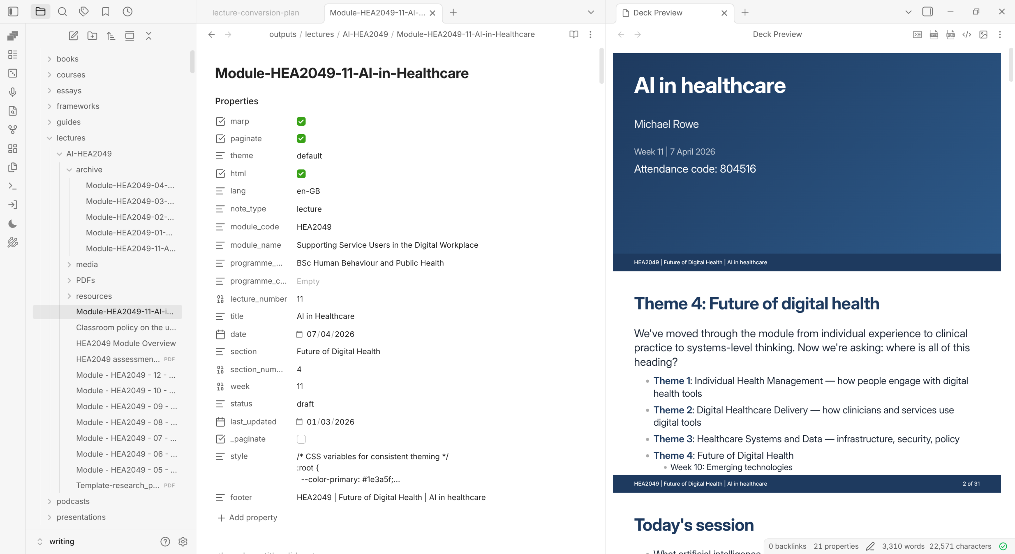 Obsidian showing a lecture file's properties alongside the Marp slide preview