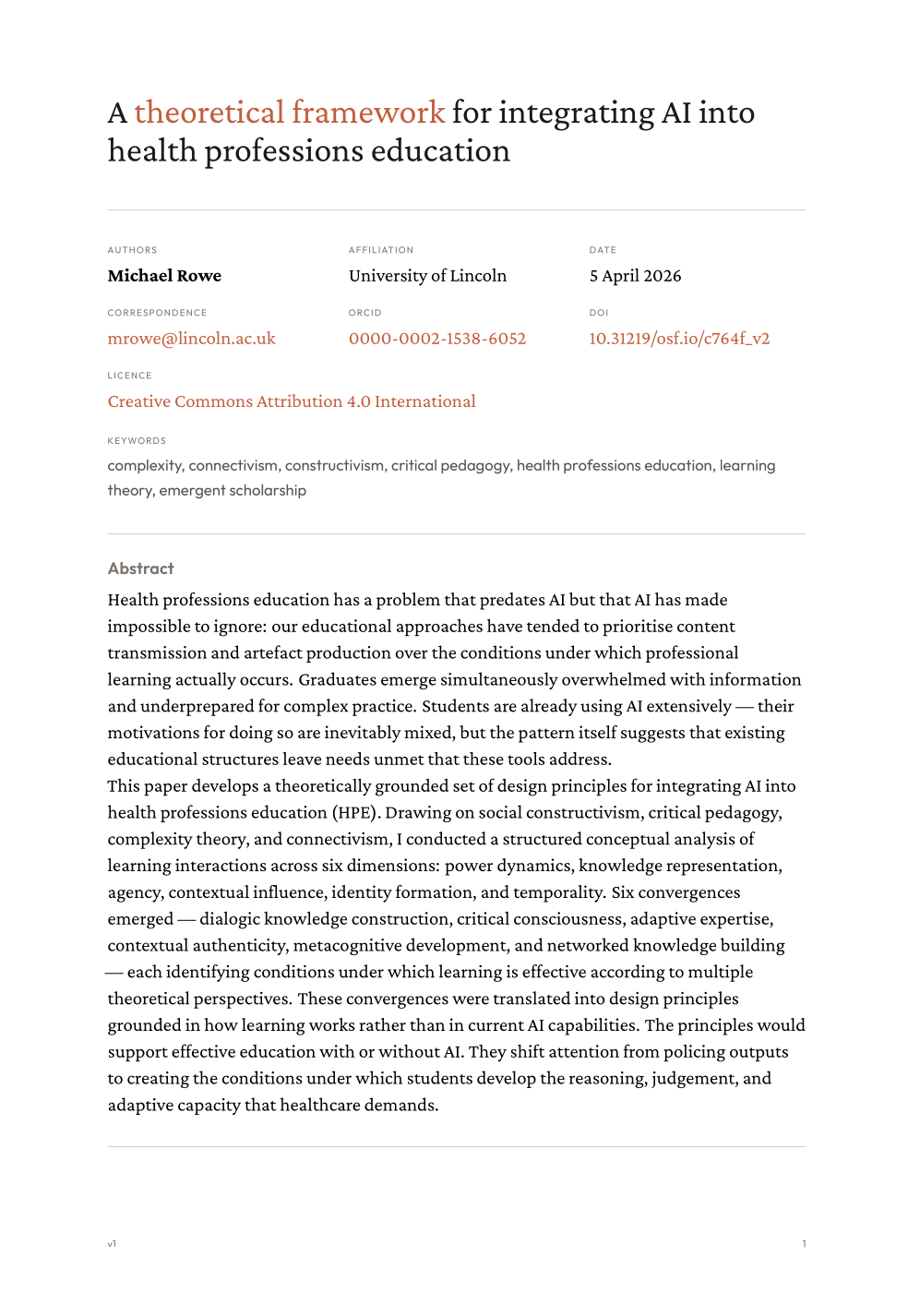 Screenshot of a styled PDF essay generated from Markdown source, showing a formatted title block with author metadata, abstract, and structured body text