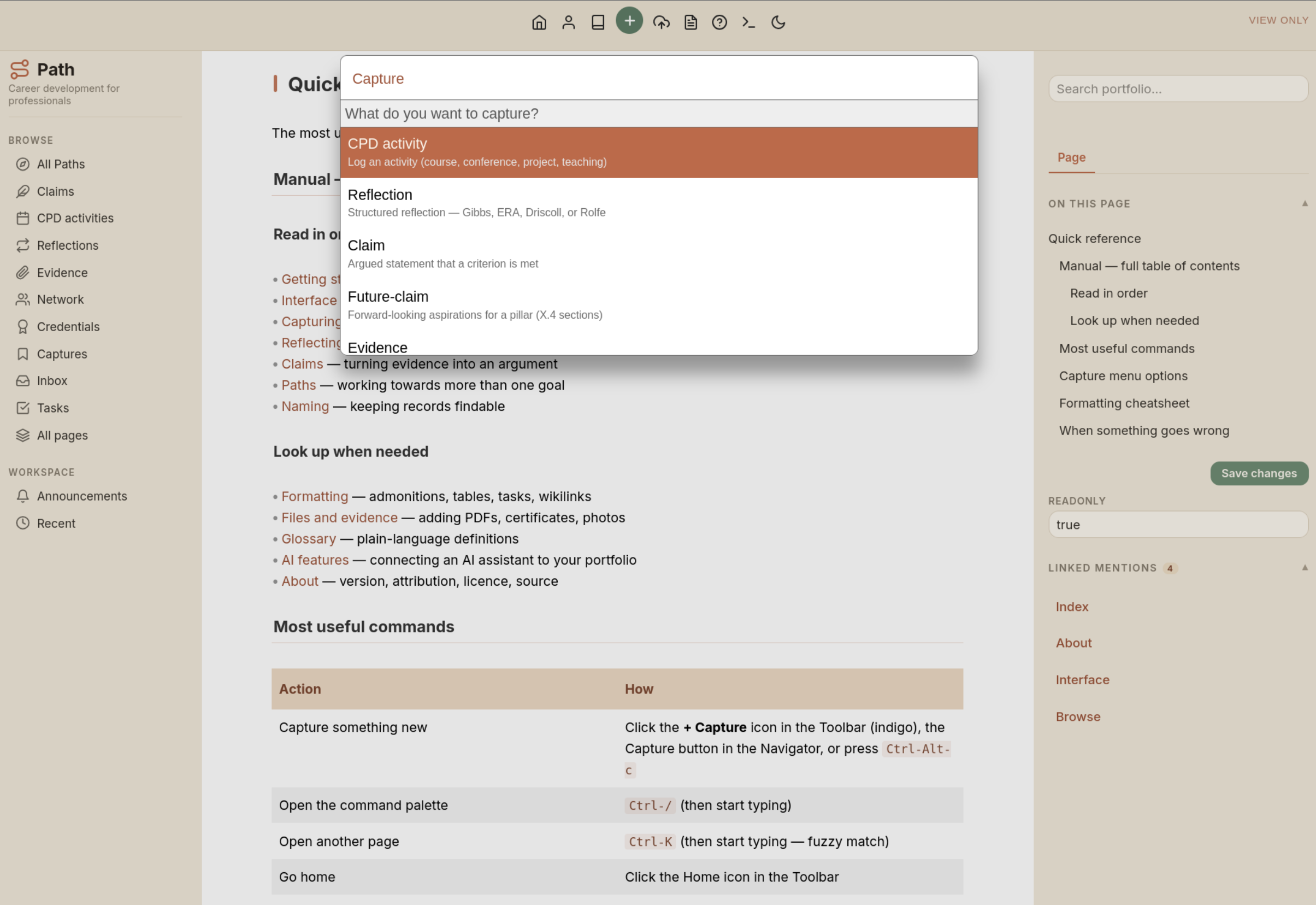 The Capture picker: five record types, one keyboard shortcut.