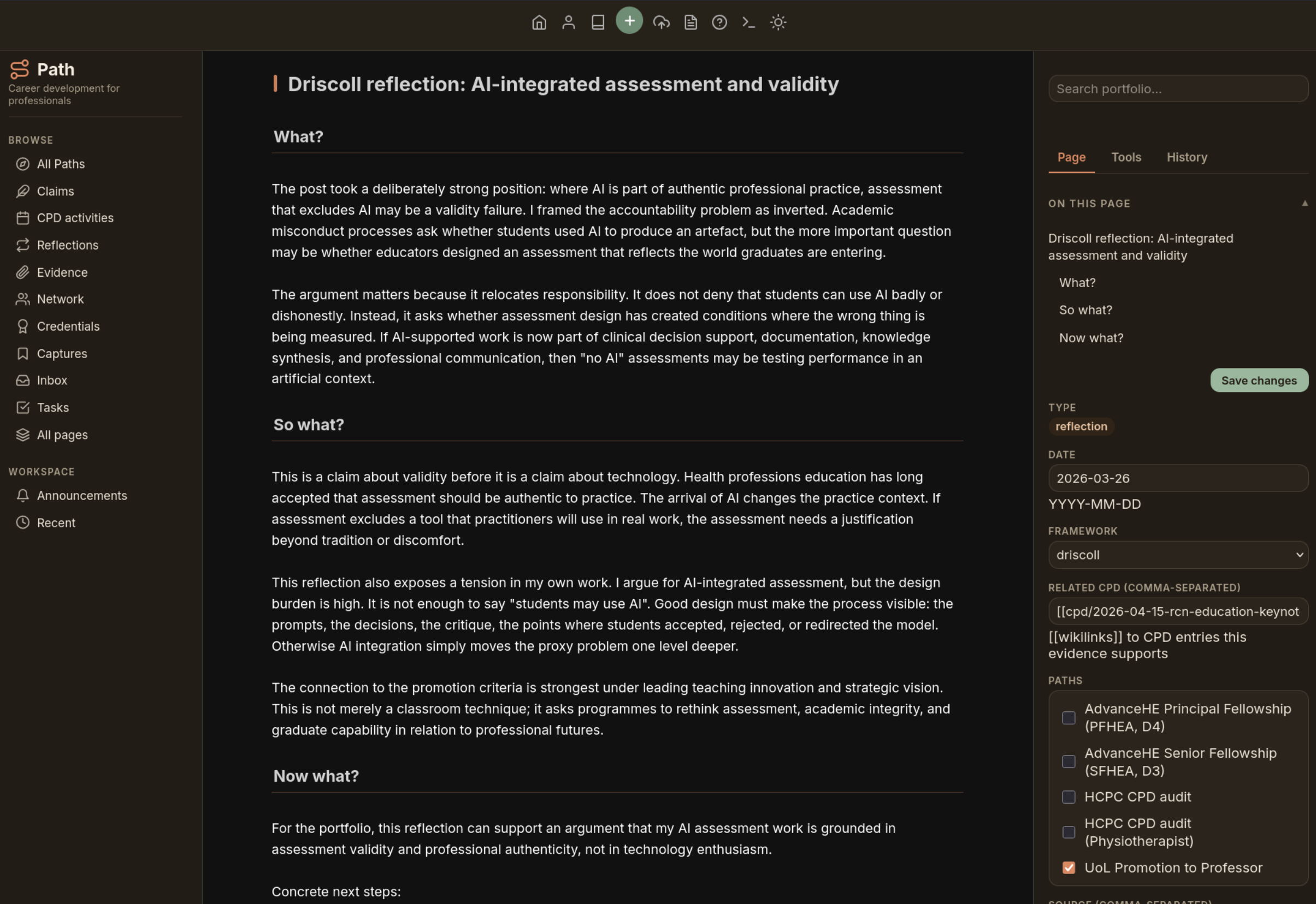A Driscoll reflection mapped to four frameworks in the Inspector: PFHEA D4, SFHEA D3, HCPC CPD, and UoL Promotion.