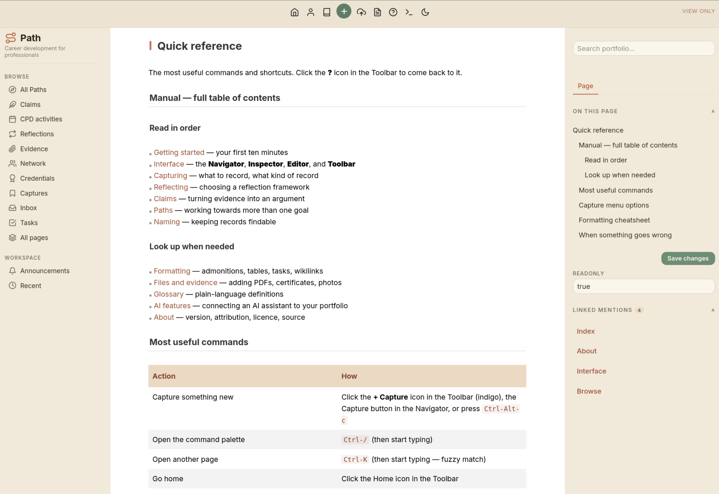 The Path interface: Navigator (left), Editor (centre), Inspector (right). Quick Reference and a full manual are available.