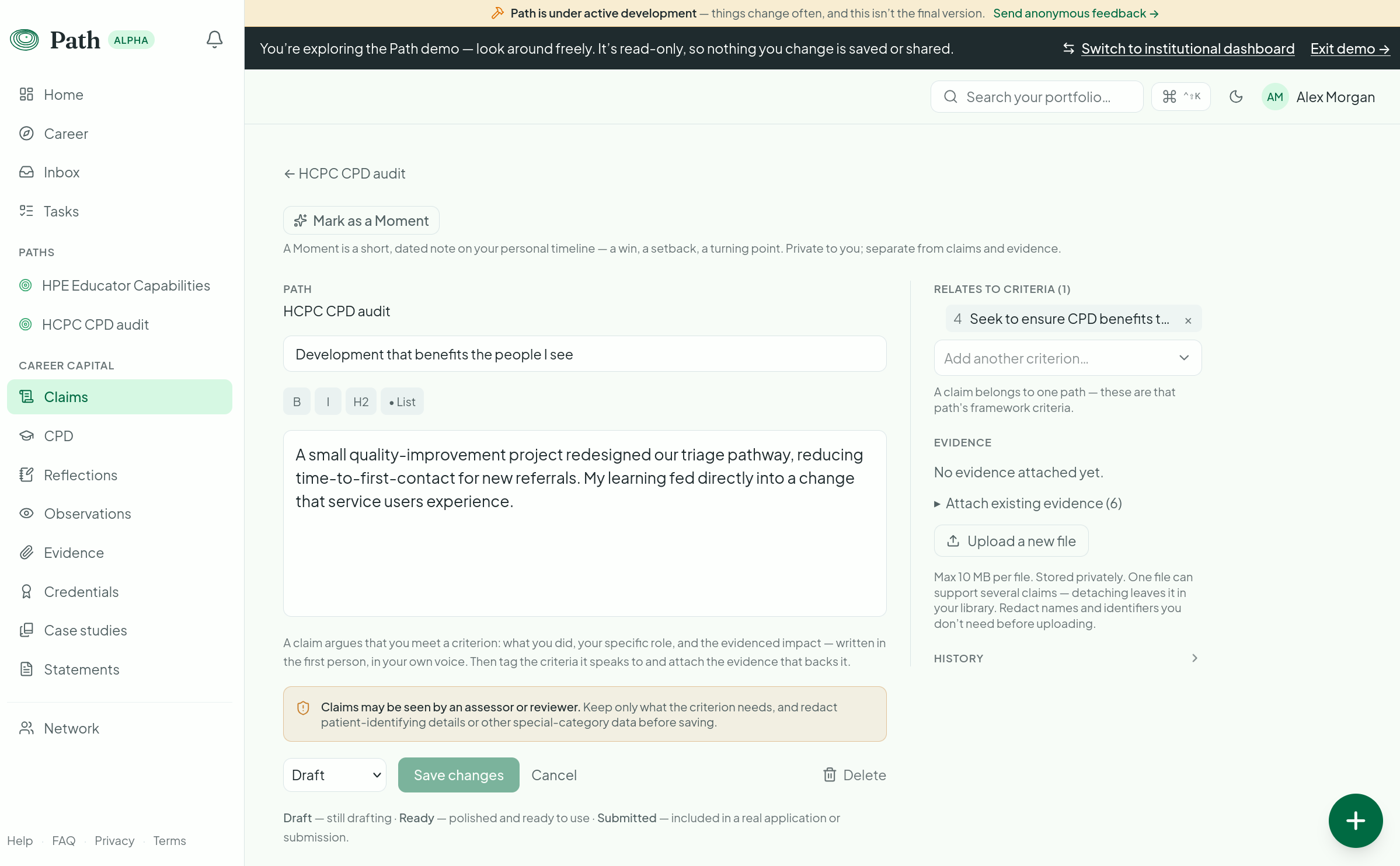A claim in progress, tagged to the criterion it argues