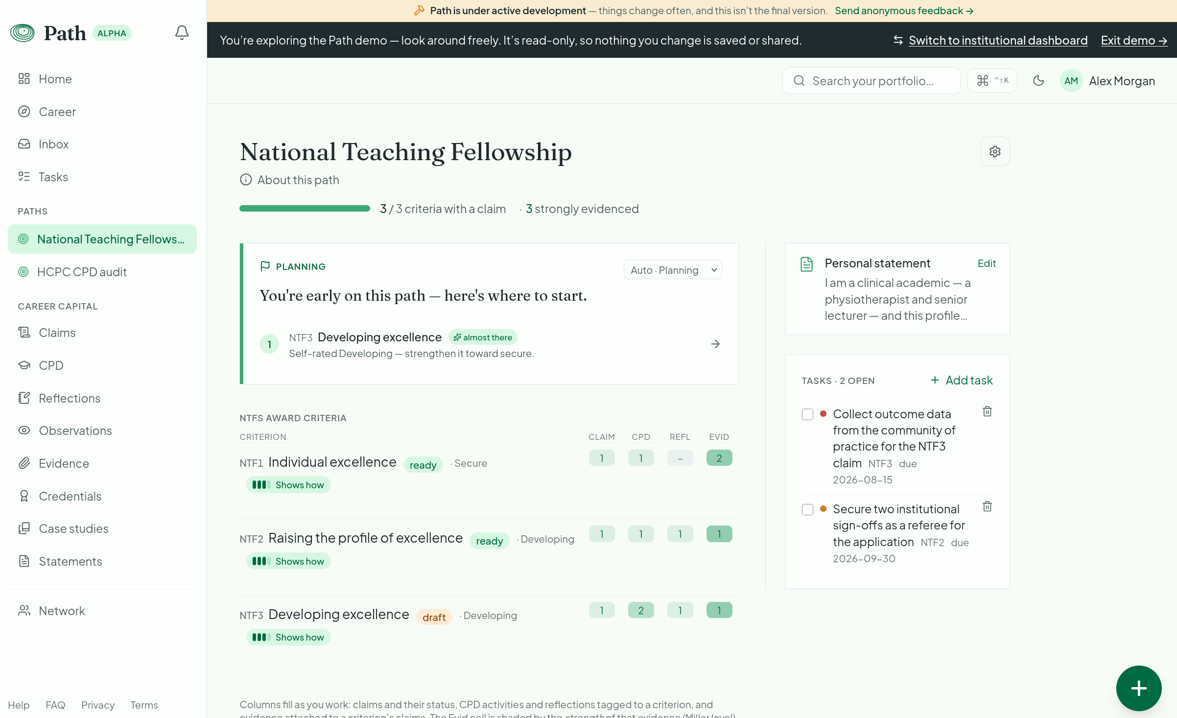 A framework page showing criteria, an auto-generated "here's where to start" prompt, and a coverage table across claims, CPD, reflections, and evidence.