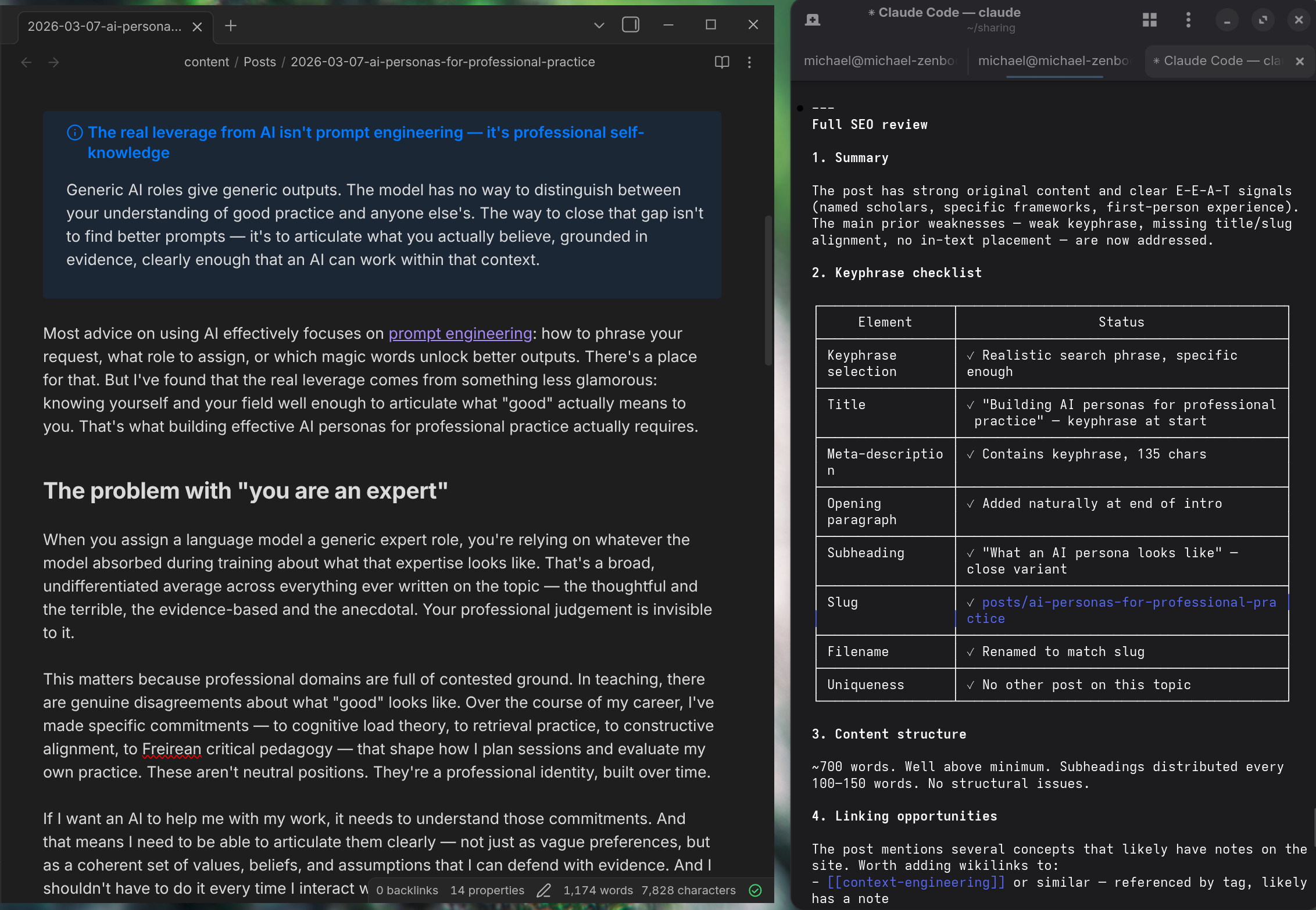 SEO optimiser persona applied to this blog post, showing keyphrase analysis and priority actions