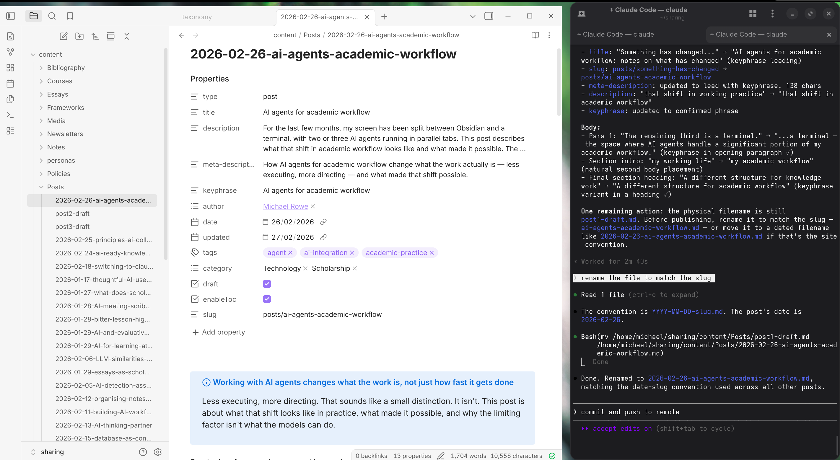 Split-screen working environment: Obsidian notes on the left, a terminal running AI agents on the right