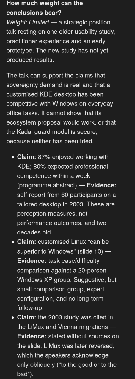 The weight section of the same note, rating the conclusions as limited and checking three of the talk's claims against the evidence behind them