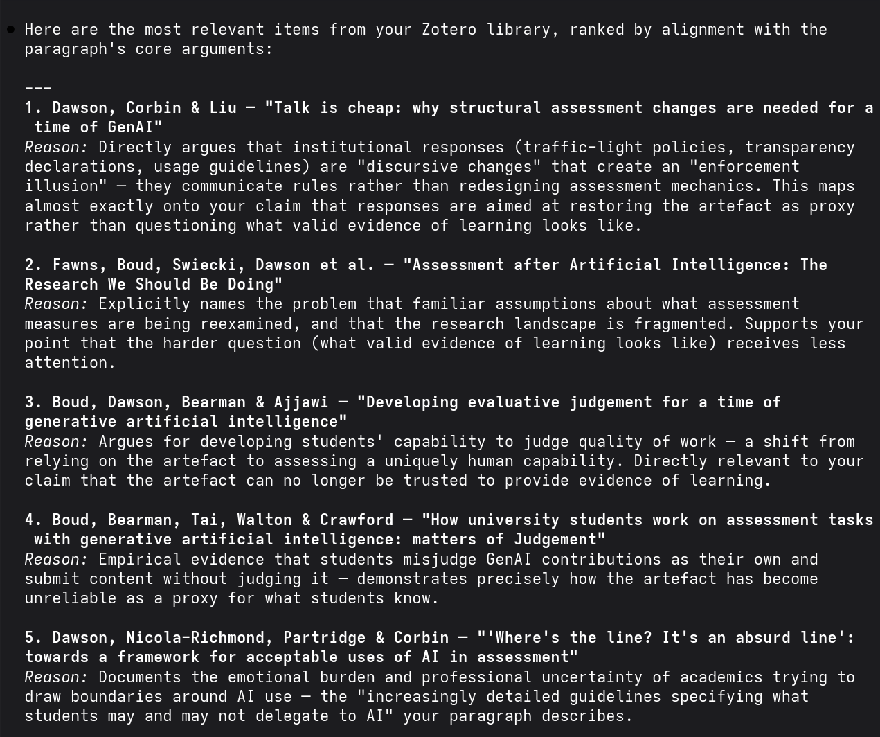 Claude Code output showing five ranked references from an AI query of a Zotero library, each with author, title, and a reason for relevance to the draft paragraph